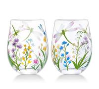NymphFable Hand Painted Stemeless Wine Glass 18oz Set of 2 Dragonfly Flowers Wine Tumbler Personalised Birthday Gifts for Her