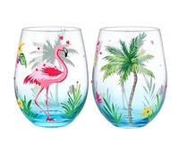 NymphFable Set of 2 Flamingo Stemless Gin Cocktail Glass Tumbler Hand Painted Palm Tree Wine Glass Gift for Women, 18oz