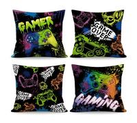 NymphFable Video Game Cushion Covers Pack of 4, Graffiti Gaming Velvet Throw Pillow Covers for Gaming Room Sofa Decor, 45x45cm