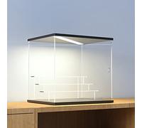 Nynelly 4 Tier Acrylic Display Case for Models, Mini Figures, Pop Mart, Labubu, Sonny Angel, Smiski - Assemble Dustproof Display Box with Light, Door, Display Stand (Black Top Base, Clear Step)