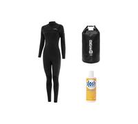 Nyord 2025 Womens Solu Yulex 4/3mm Chest Zip Wetsuit & 20L Drybag & Wetsuit Shampoo Bundle - Black