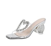 NYSDM Strange Style Crystal Round Heels Transparent Slippers For Woman Square Toe Gem Rivet Sandal Female Mules Slides Shoes