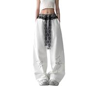 NYSDM Vintage Bufferfly Y2K Sweatpants Women Loose High Waist Lace Patchwork Pants Streetwear Retro Casual Bf Harajuku Trousers White