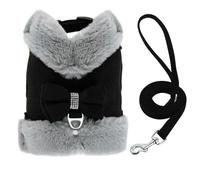NYSDM Warm Fur Dog Harness and Leash Set Rhinestone Bowknot Pet Vest Winter Pets Puppy Clothes Vest Small Dog Clothing Bulldog