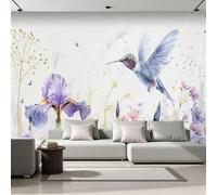 NYSMGS Watercolor Bird Photo Wallpaper 3D Wall Mural Non-Woven Wall Paper Murals Wall Art Purple Nature Flowers Butterflies Wallpaper Poster 300x210cm for Bedroom Living Room Office Home Decor 5L409