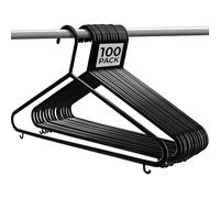 Nyxi 100 X Adult Plastic Clothes Hangers Pack with Suit Trouser Bar and Accessory Hooks, Slim Space Saving Wardrobe Hangers, 37.5cm Wide for Everyday Use, Black