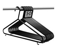 Nyxi 50 X Adult Plastic Clothes Hangers Pack with Suit Trouser Bar and Accessory Hooks, Slim Space Saving Wardrobe Hangers, 37.5cm Wide for Everyday Use, Black