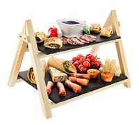 Nyxi Set of 3, Slate Cake Stand Serving Board Premium. Pine Wood Rustic Slate Boards 2 Tier Foldable Rack Food Serving Tapas Sushi Appetiser Dishes Serving Tray Plates Platters (3 X Cake Stand)
