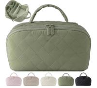 NYXRKJ Petition Makeup Bag for Woman, Petition Makeup Bag, Expandable Makeup Bags, Spacious 180° Open Cosmetic Organizer for Toiletries & Brushes Large Capacity with Compartments, Green