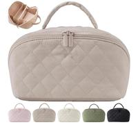NYXRKJ Petition Makeup Bag for Woman, Petition Makeup Bag, Expandable Makeup Bags, Spacious 180° Open Cosmetic Organizer for Toiletries & Brushes Large Capacity with Compartments, Khaki, Multi