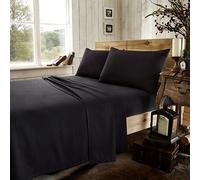 NZ Plain Flannelette Full Sheet Sets 100% Brushed Cotton Thermal Super Soft Cosy Warm Fitted and Flat Sheet Sets With Pillowcases (Single, Black)