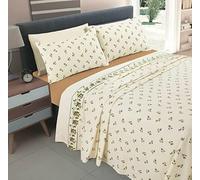 NZ Rose Bud Floral Pattern Flannelette 100% Natural Brushed Cotton Thermal Fitted and Flat Sheet Set With Pillowcases (Natural, King Size Sheet Set)