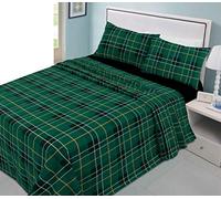 NZ Tartan Check Pattern Flannelette 100% Natural Brushed Cotton Thermal Fitted and Flat Sheet Set With Pillowcases (Green, Single Size Sheet Set)