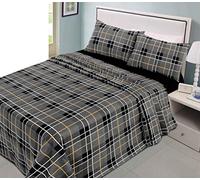 NZ Tartan Check Pattern Flannelette 100% Natural Brushed Cotton Thermal Fitted and Flat Sheet Set With Pillowcases (Grey, Single Size Sheet Set)