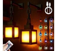 Nzkeuf 2 Pcak Pixelated Lantern Night Light, Rechargeable USB Powered Led Night Light, RGB 16-Colour Night Lamp with Remote, 2 in 1 Costume Cosplay Nightstand Lamp & Room Decor, Gift for Gamers