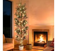 NZQXJXZ Artificial Olive Tree 7FT-Large Faux Olive Trees Indoor | with White Planter & Basket and Lights, Tall Fake Olive Plants Silk Tree with Branches and Fruits for Office Home Decor