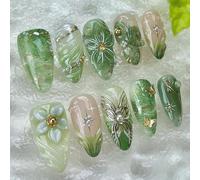 NZRAESTRS False Nails 30 Pieces Green with Gold Beads 3D Beads Self Adhesive Nails with Flowers and Butterflies 3D Acrylic Nails Spring Summer Nails Self Adhesive with E
