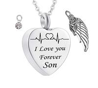 NZVCQVPU Keepsake Necklace, Stainless Steel Thin Rolo White Round Shape Cubic Zirconia Heart Shape ECG I Love You Forever Son