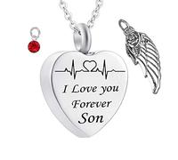 NZVCQVPU Keepsake Necklace, Stainless Steel Thin Rolo White Round Shape Cubic Zirconia Heart Shape ECG I Love You Forever Son