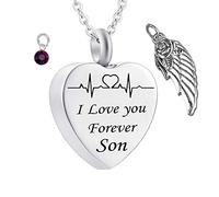 NZVCQVPU Keepsake Necklace, Stainless Steel Thin Rolo White Round Shape Cubic Zirconia Heart Shape ECG I Love You Forever Son