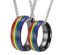 NZVCQVPU LGBT Necklace for Women, Couples Necklace Customized Stainless Steel 8mm Black Ring with Rainbow Enamel
