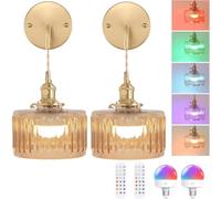 NZVCQVPU Living Room Wall Sconce Gold Battery Operated Lamp, Retro Wireless No Power Connection, E27 Indoor Round Bedside Lamp, 2 Pack, Amber