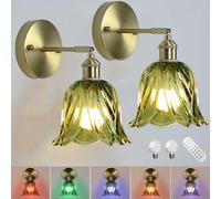NZVCQVPU Living Room Wall Sconce Retro Battery Operated Lamp, Dimmable RGB Indoor Gold Light Green Glass, Bedside Lamp, E27, 2 Pack