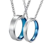 NZVCQVPU Necklaces for Men Customized, Matching Necklace for Couples Stainless Steel Silver Blue Brushed Ring Beveled Edge
