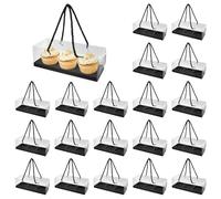 NZWBSHSSP 20Pcs Clear Cupcake Containers Boxes - 3 Hole Standard Cupcake Holders with Handle for Muffin, Party, Wedding, Cake Shop (Black)
