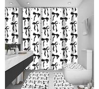 NZWBSHSSP 4Pcs Shower Curtain Set with Shower Mat Toilet Lid Cover U-Shaped Mat 12 Curtain Hooks, Cute Bow Knot Bathroom Set for Home Bathroom Hotel Apartment Dormitory Camper RV(Black Bow)
