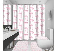 NZWBSHSSP 4Pcs Shower Curtain Set with Shower Mat Toilet Lid Cover U-Shaped Mat 12 Curtain Hooks, Cute Bow Knot Bathroom Set for Home Bathroom Hotel Apartment Dormitory Camper RV(Pink Bow)