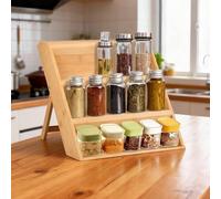 NZWBSHSSP Bamboo Spice Rack Organizer 3 Tier Foldable Seasoning Shelf for Home Kitchen Countertop Cabinet Drawer Wooden Spice Bottle Jar Holder Rack Free-Standing (Jars Not Included)