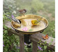 NZWBSHSSP Clamp on Deck Birdbath and Feeder Combo - 10" Detachable Outdoor Bird Bath Bowl with Sturdy Metal Bracket, Weatherproof Garden Decoration for Fence, Balcony, Patio, Golden