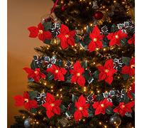 NZXVSE 2m Lighted Poinsettia Christmas light string, 10 LED Light Poinsettia Xmas Swag, Poinsettia flower garland with Red Berries and Holly Leaves, Battery Operated