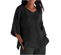 NZYIHAO 3/4 Sleeve Shirt Women's Summer Muslin Blouse V Neck Linen Blouse Casual Plain T-Shirt Cotton Linen Tops Large Sizes Tops Loose Tunic Lightweight Long Shirt Long Shirt Blouse Shirt, #02 Black