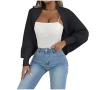 NZYIHAO Bolero Jacket Women's Short Cardigan Open Front Crop Shrug Cardigan Ribbed Knit Long Sleeve Knitted Jumper Lightweight Jacket Casual Plain Shoulder Jacket for Dresses, black, One Size