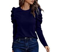 NZYIHAO Elegant Long Sleeve Women's 2025 Fashion Crew Neck Puff Sleeve Tunic with Pleats Pleated Casual Loose Plain Long Sleeve Tops, navy, XXL