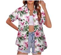 NZYIHAO Hawaii Shirt Women's Summer Blouse Beach Shirt with Buttons Flowers Print Hawaiian Shirt Casual Tops Short Sleeve Lapel Shirt Blouse Lightweight T-Shirt Loose Tops Comfortable T-Shirt Long