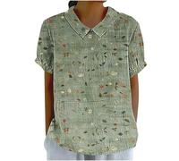 NZYIHAO Muslin Blouse Women's Colourful T-Shirt with Prints Summer Linen Blouse Short Sleeve Shirt Cotton Linen Tops Large Size Tops Loose Linen Shirt Lightweight T-Shirt Comfortable Tunic T-Shirt 5XL