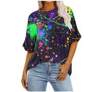 NZYIHAO Oversize T-Shirt Women's Boho Colourful Blouse Raglan Short Sleeve Tops Summer Tee Shirt Colour Block Top Crew Neck Tunic Large Sizes T-Shirt Loose Long Shirt Lightweight Blouse Shirt