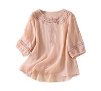 NZYIHAO Pullover Women's Cotton Linen Blouse Vintage T-Shirt with Embroidered Summer Tops Crew Neck T-Shirt Half Sleeve Tops Lightweight Linen Blouse Loose Shirt Jumper Tunic Long Blouse Thin T-Shirts