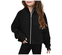 NZYIHAO Sweat Jacket Girls Without Hood: Children's Long Sleeve Sweatshirt Jacket Sports Jacket with Zip Outdoor Fitness Training Jogging Sport Style Transition Jacket, black, 9-10 Jahre