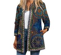 NZYIHAO Vintage Jacket Women's Long Transition Jacket Large Sizes Multicoloured Autumn Jacket Open Front Cardigan Long Sleeve Transition Coat Ethnic Style Lightweight Coat Casual Jacket with Pockets