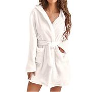 NZYIHAO Women's Fleece Pyjamas Winter Pyjamas with Hood Elegant Dressing Gown Plain Nightdress Plush Kimono Fluffy Bathrobes Large Sizes Loungewear Belt Sleepwear House Coat, #02 White, XL