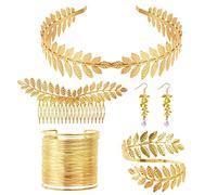 NZZVNZ 5 PCS Greek Goddess Costume Accessories Set, Gold Leaf Headband Laurel Leaf Hairpin Bracelet Coil Upper Arm Pearl Dangle Earrings, Women Grecian Costume Jewelry for Wedding Party