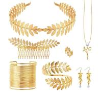 NZZVNZ 7 PCS Greek Goddess Costume Jewelry Set, Roman Gold Leaf Headband Coil Upper Arm Hair Clip Bracelet Necklace Earrings Rings, Grecian Goddess Costume Accessories for Girls Women