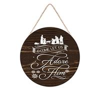O Come Let Us Adore Him Round Wooden Plaque - Christmas Quotes Positive Saying Wooden Hanging Sign for Christmas Front Door Farmhouse Seasonal Holiday Decorations 30 X 30 CM