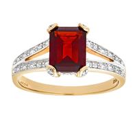 (O) Jewelco London 9ct Gold 13pts Diamond Emerald Cut 2.03ct Garnet Art Deco Split Shoulder Solitaire Ring - PR0AXL6767YGT