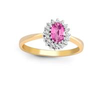 (O) Jewelco London 9ct Gold H I2 0.12ct Diamond and Oval Pink 0.68ct Sapphire Classic Royal Cluster Ring 9mm - 9R404