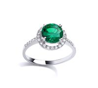 Jewelco London Women's Silver Green CZ Shoulder-Set Halo Solitaire Engagement Ring | Size: O Jewelco London Silver O